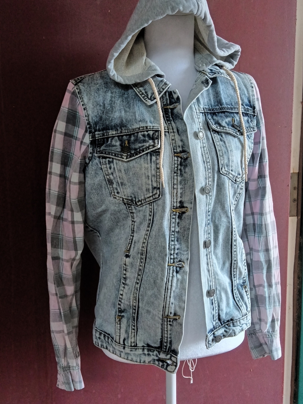 Thread & Supply Light Wash Denim Jacket with Pink Plaid Sleeves and Gray Hood